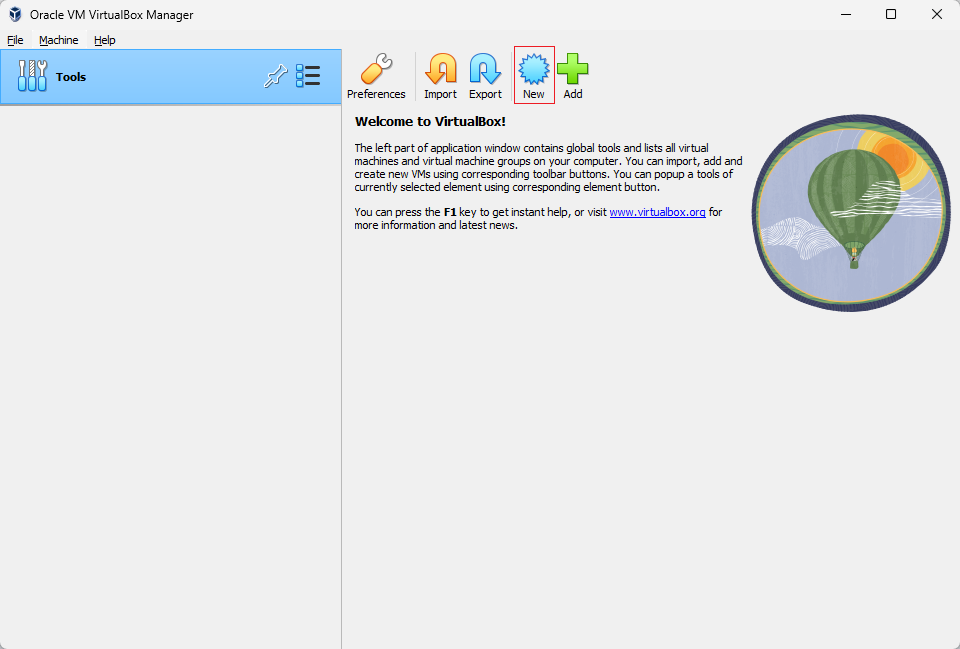 واجهة برنامج VirtualBox