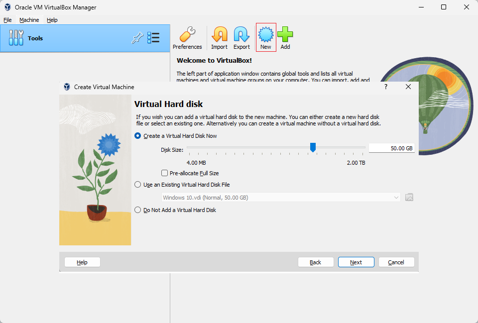 واجهة برنامج VirtualBox