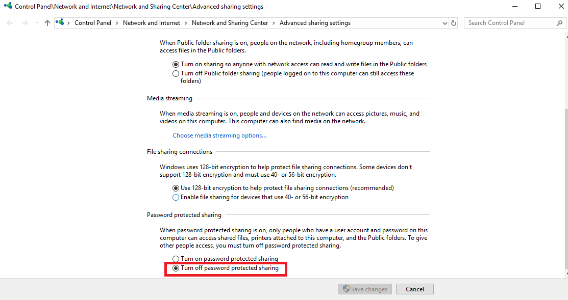 اختيار turn of password protect sharing