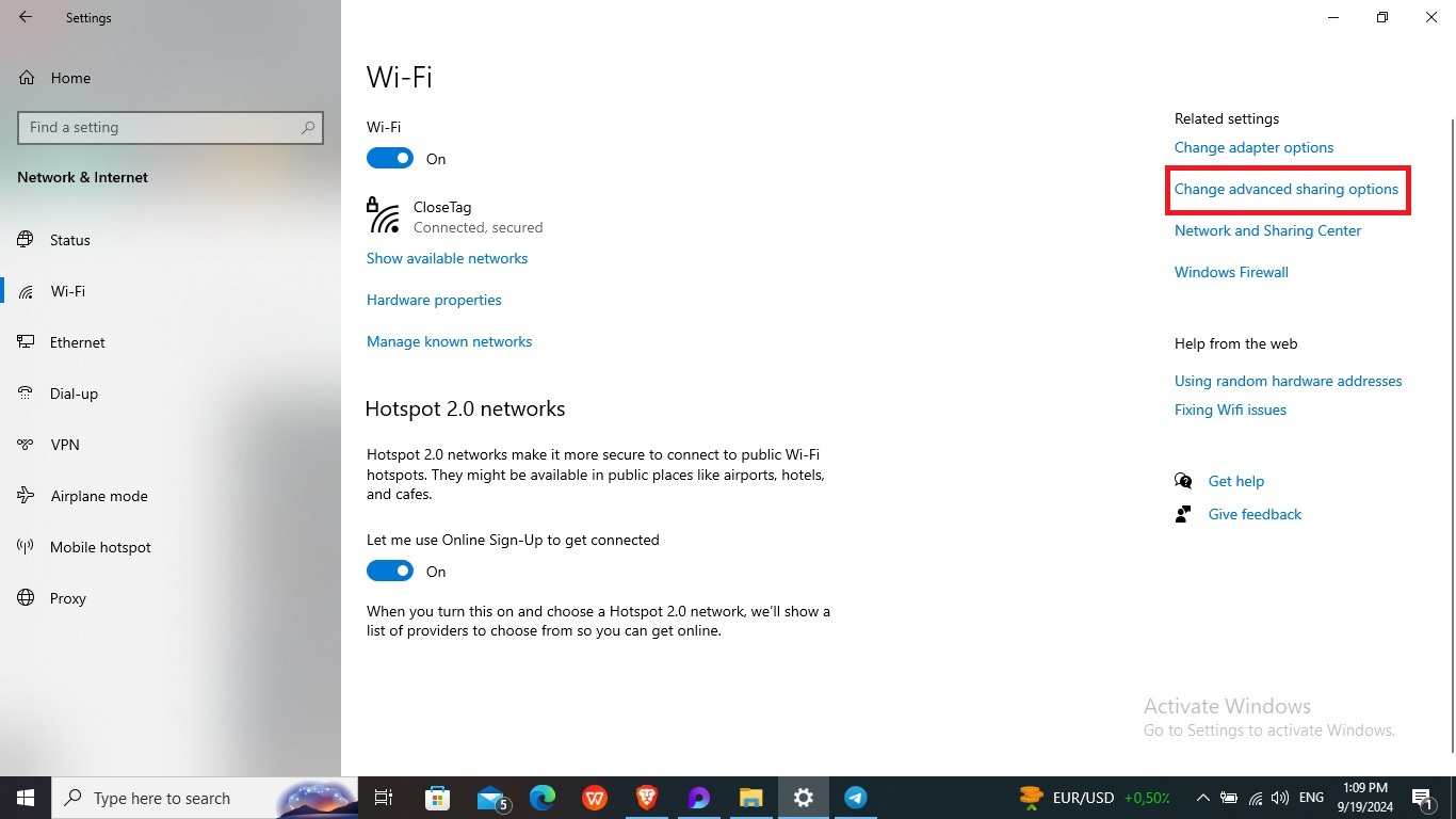 الضغط على press on Change adapter options