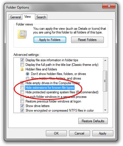 تغيير امتداد الملفات في نظام التشغيل windows